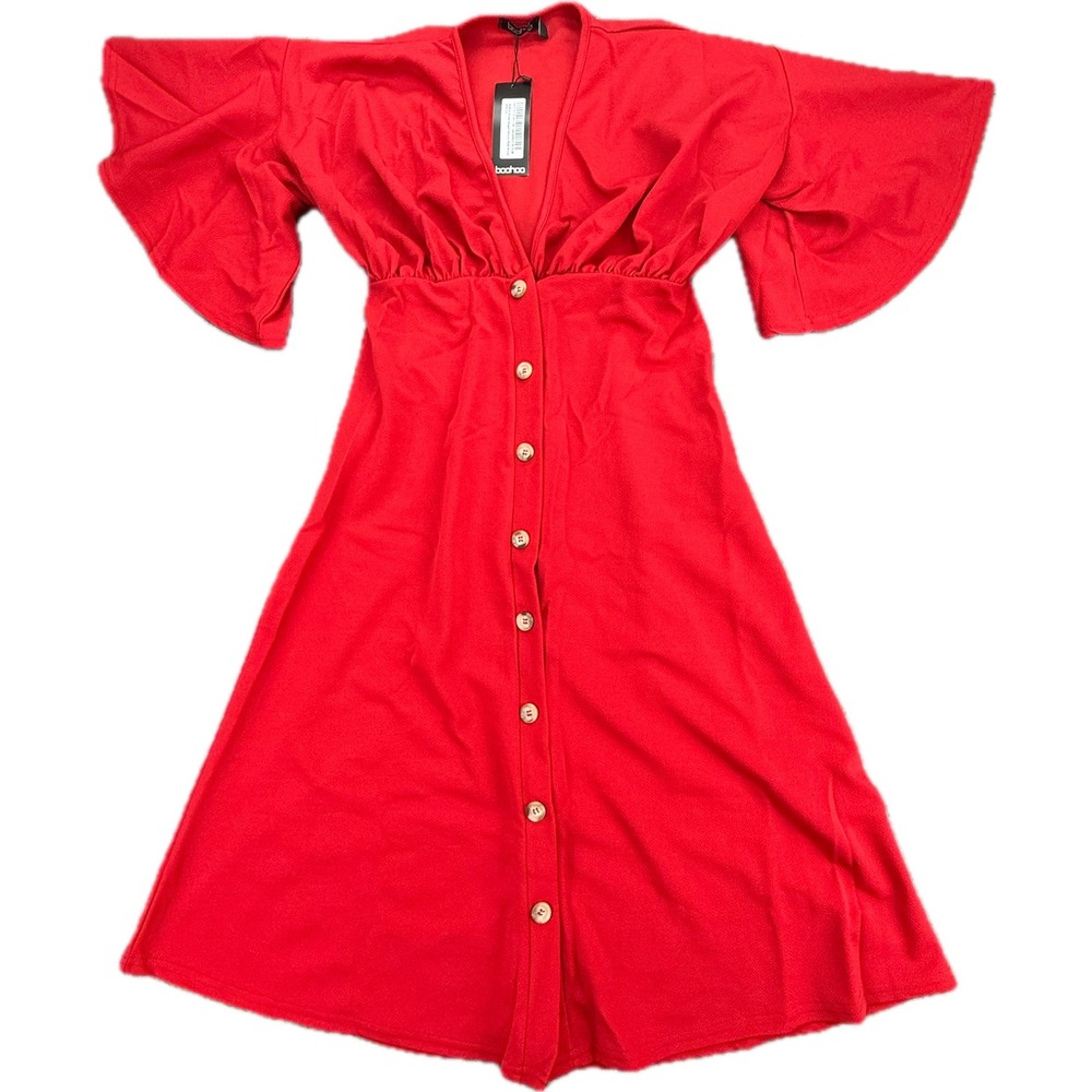Boohoo Button Down Midi Dress Womens 12 Red Angel Sleeve GZZ21673-157-20